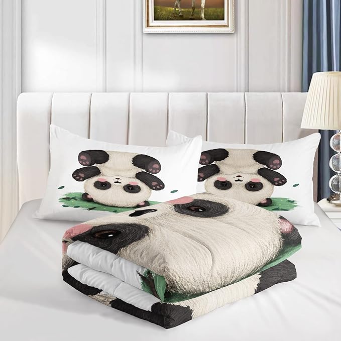 CVHOUSE Panda Bedding Set,Panda Comforter Full,Cute Panda Comforter Set for Girls Kids Teens,Kawaii Panda Quilt Set with 1 Comforter and 2 Pillow Cases- 3 Piece