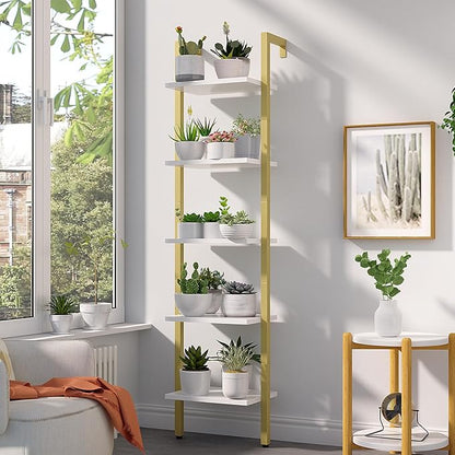 YMYNY 5 Tiers Ladder Bookcase, Industrial Wall Mounted Bookshelf, Open Display Rack with Metal Frame, Wooden Storage Shelves for Bedroom, Home Office, Living Room, White+Gold, 70*17.3*11.8"UHBC015W