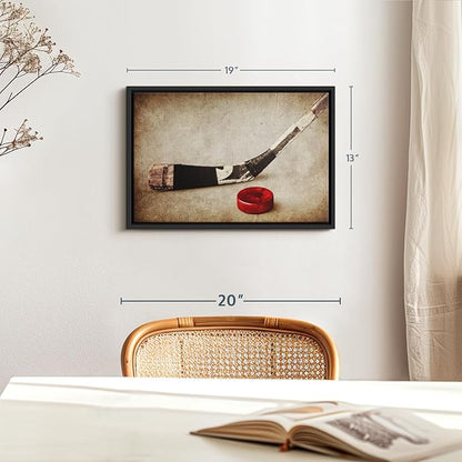 Elephant Stock Vintage Ice Hockey Wall Art - Horizontal Framed Canvas - 1-Piece Hallway Wall Decor - Photography Sports Canvas Print - Brown and Beige Decor for Wall - 19" X 13"