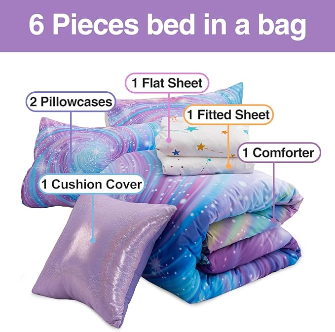 Btargot Super Soft 6 Pieces Gradient Star Ring Comforter Set, Colorful Glitter Rainbow Star Pattern Bedding Set for Boys Girls Teens, Queen Purple