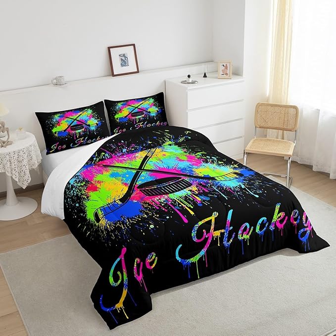 Feelyou Kids Ice Hockey Comforter Set King Size Gaming Sports Bedding Set for Boys Girls Teens Bedroom Decor Ice Sports Games Tie Dye Comforter Hockey Player Duvet Set with 2 Pillow Case