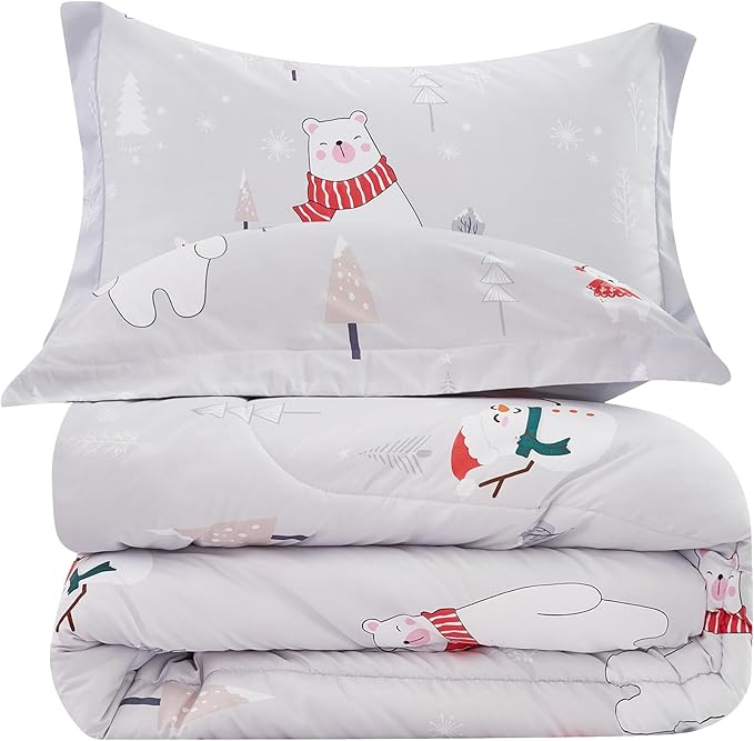 Kids Christmas Comforter Set Full for Boys Girls, Cute Reversible Quilted Bear Snowmen Reindeer Bunny Printed Bedding Set with Pillow Sham, Lightweight Soft Breathable Washable Bed Set 3 Piece