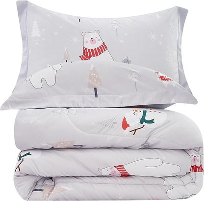Kids Christmas Comforter Set Full for Boys Girls, Cute Reversible Quilted Bear Snowmen Reindeer Bunny Printed Bedding Set with Pillow Sham, Lightweight Soft Breathable Washable Bed Set 3 Piece