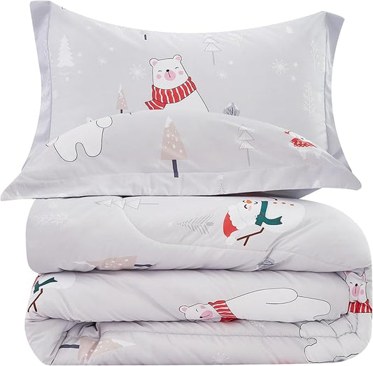 Kids Christmas Comforter Set Full for Boys Girls, Cute Reversible Quilted Bear Snowmen Reindeer Bunny Printed Bedding Set with Pillow Sham, Lightweight Soft Breathable Washable Bed Set 3 Piece