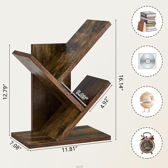 Tajsoon Tree Bookshelf 3 Tier Book Storage Organizer Shelves, Desktop Bookshelf Floor Standing Bookcase Display for CDs/Magazine/Books, Small Bookshelf for Bedroom, Living Room Office, Rustic Brown