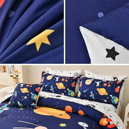 8 Piece Kid Comforter Set Twin Size Bed in a Bag, Space Rocket Bedding Set for Teen Boys Girls