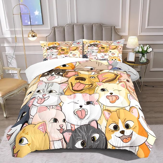 Dog Twin Comforter Set for Boys Bedroom - Dogs Cats Animal Theme Bedding Set for Living Playing Room Ultra Soft Puppy Dogs Kitten Quilt with 1 Pillowcase Kids Room Decor 2Pcs, Twin Size