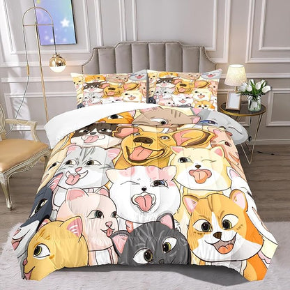 Dogs Comforter Set - Cute Cartoon Puppy Pattern Comforter Set Full Size 3pcs Kitten Dogs Bedding Set Pet Animal Design Kids Room Decor with 1 Comforter and 2 Pillowcases Boys Girls Gift All Season