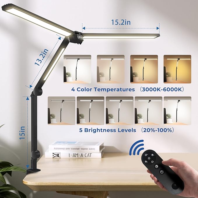 Desk Lamps for Home Office,3 Light Bars LED 4 Color Modes & 5 Brightness Table Lamp,24W Auto Off Timer Memory Function Drafting Desk Light with Clamp,Eye-Friendly Workbench Architect