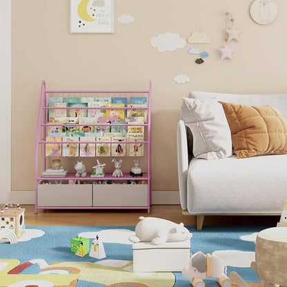Kids Book Shelf with Storage 32inch, 5 Tier Freestanding Pink Bookshelf, Large Modern Minimalist Book Case With Toy Storage Organizer For Bedroom Study Room Playrooms Children Room KDSJ2305-Pink