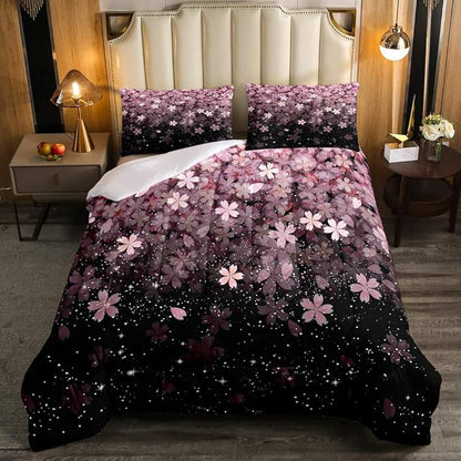 Erosebridal Cherry Blossom Comforter Set Twin Size, Pink Flower Down Comforter, Petal Floral Quilted Duvet, Starry Sky Glitter Girly Warm Duvet Insert, Bedroom Living Dorm Room Decorative
