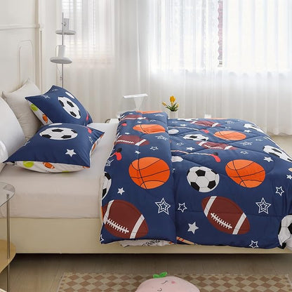 RYNGHIPY Kids Sports Theme Bedding Set, Basketball Football Baseball Tennis Print Comforter Set for Teens Boys Girls, Super Soft Lightweight (Balls,Twin)