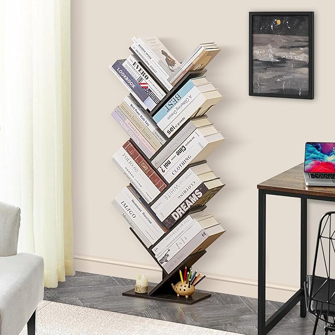 10 Tier Tree Book Shelf, Floor Standing Wood Bookshelf for Narrow Space, Storage Organizer Bookshelves for Books/CDs/Magazine, Bookcase with Shelves for Home Office, Living Room - Dark Grey