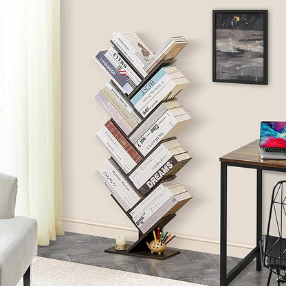 10 Tier Tree Book Shelf, Floor Standing Wood Bookshelf for Narrow Space, Storage Organizer Bookshelves for Books/CDs/Magazine, Bookcase with Shelves for Home Office, Living Room - Dark Grey