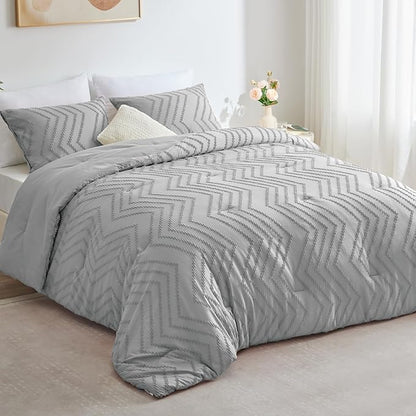 CozyLux Full Size Comforter Set Light Grey - 3 Pieces Boho Tufted Shabby Chic Bedding Comforter Set for All Seasons, Chevron Bedding Sets with Comforter & 2 Pillow Shams