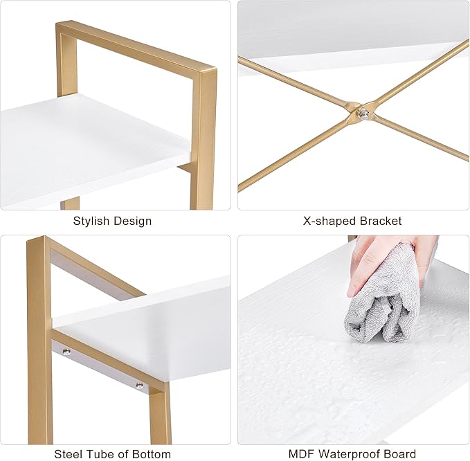 BEWISHOME 3 Tier Bookshelf, Modern Small Book Shelf for Small Spaces, White Gold Wooden Shelves for Bedroom Living Room and Home Office, 13.78" D x 24.12" W x 37.09" H, JCJ42M