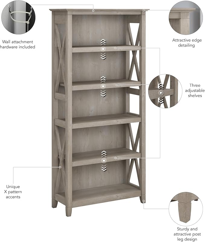 Bush Furniture Key West Tall 5 Shelf Bookcase in Washed Gray