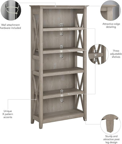 Bush Furniture Key West Tall 5 Shelf Bookcase in Washed Gray