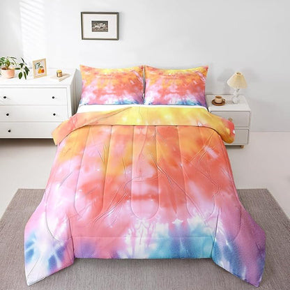 Girls Tie Dye Comforter Set with Pillowcase Trippy Bedding Boho Hippie Psychedelic Gypsy Down Comforter Twin Kids Bed Sets Soft Machine Washable Pastel Duvet Quilt Set, Orange Yellow Pink Purple Blue