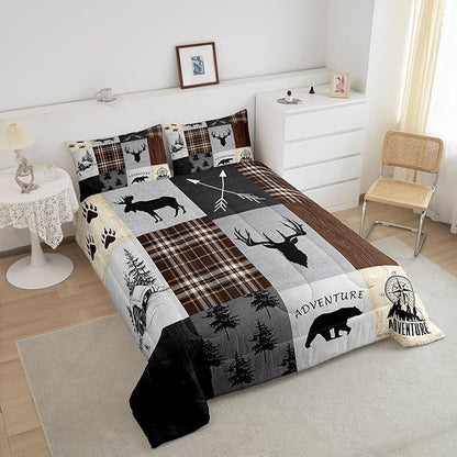 Deer Antler Comforter Set Twin Size,Bear Paw Pine Trees Rustic Farmhouse Bedding Set for Boys Girls Adults Room Decor,Geometric Plaids Arrows Down Comforter,Brown Retro Duvet Insert,1 Pillowcase