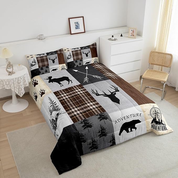 Deer Antler Comforter Set King Size,Bear Paw Pine Trees Rustic Farmhouse Bedding Set for Boys Girls Adults Room Decor,Geometric Plaids Arrows Down Comforter,Brown Retro Duvet Insert,2 Pillowcases