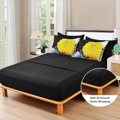 Bed in a Bag Queen Yellow Black Comforter Set 7 Pieces Soft Microfiber Floral Bedding Set with 1 Comforter 1 Flat Sheet 1 Fitted Sheet 2 Pillowshams 2 Pillowcases