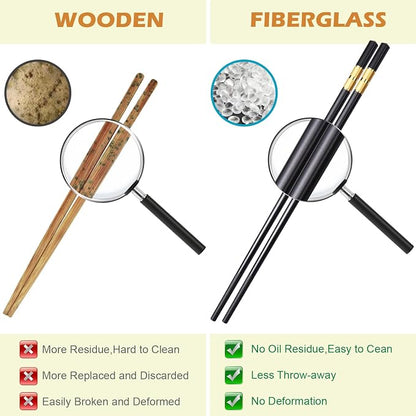 GLAMFIELDS 5 Pairs Premium Chopsticks Reusable Dishwasher Safe 9.5 Inch Fiberglass Chop Sticks Gift Set Non Slip Black+Gold