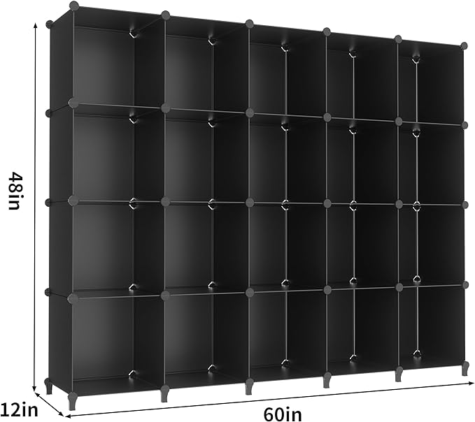 HOMIDEC 20-Cube Black Cube Storage Organizer, Modular Storage Shelf with Hammer, Cube Storage Bin Cabinet Closet Bookshelf for Living Room, Bedroom, Office, Each Cube Size 11.8 x 11.8 inch