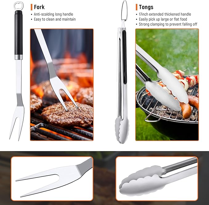 BBQ Accessories Grill Tools Set, Stainless Steel Grill Tools with 2 Squeeze Bottles, BBQ Grill Accessories Grilling Gift for Men & Women, Portable Grill Tools Utensils Kit for Camping, Kitchen