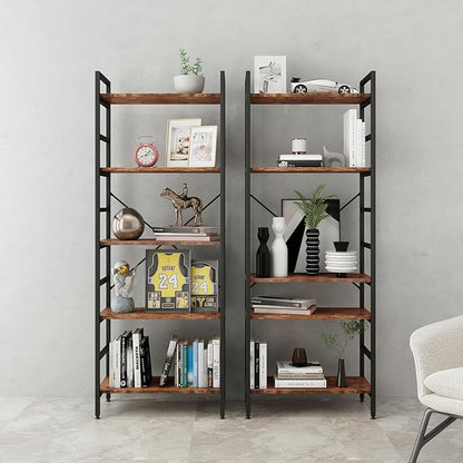 5 Tier Tall BookShelf,Bookcase with Steel Frame,Home Office Modern Bookcase Shelf for Bedroom/Living Room/Home Office - Rustic Brown Storage Rack for Books,Garage Kit, CDs and Movies