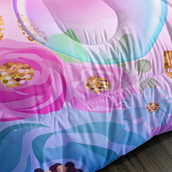 Kid Unicorn Comforter Set Twin Size 3Pcs Butterfly Rainbow Flower Star Pattern Quilt Bedding Set for Boys Girls with 1 Comforter and 2 Pillowcases