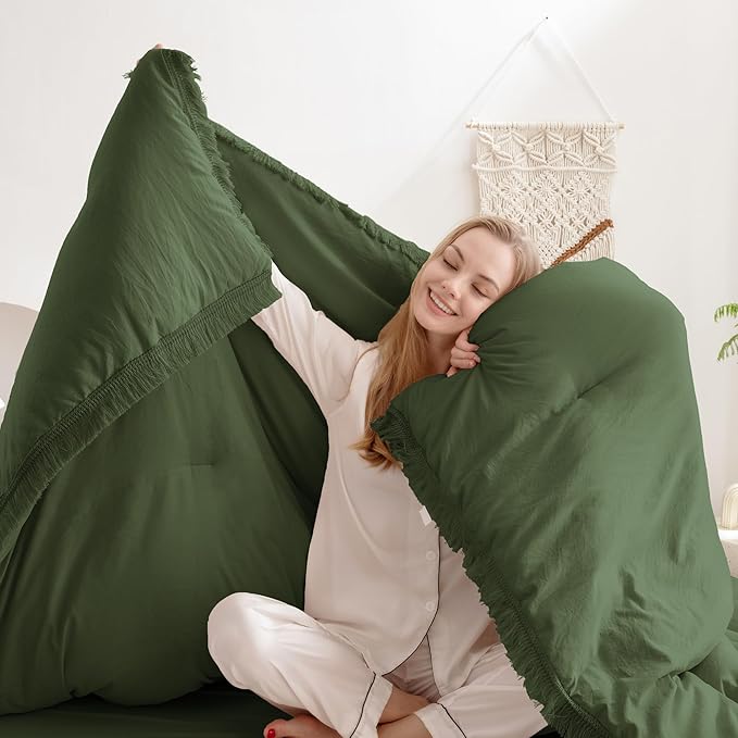 Andency Olive Green Comforter Set Queen, 3 Pieces Boho Tassel Lightweight Bedding Comforter Sets, All Season Soft Fluffy Fringe Bed Set (90x90In Comforter & 2 Pillowcases)
