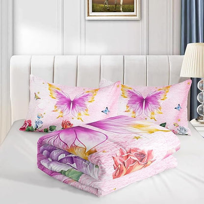 Butterfly Comforter Set for Girls Kids Adults Butterfly Rose Bedding Set Aesthetics Butterflies Quilt Duvet Set Twin Size with 1 Comforter and 2 Pillowcases