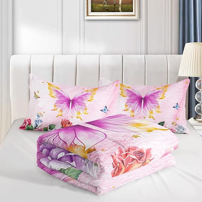 Butterfly Comforter Set for Girls Kids Adults Butterfly Rose Bedding Set Aesthetics Butterflies Quilt Duvet Set Queen Size with 1 Comforter and 2 Pillowcases