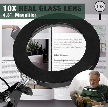 Magnifying Glass with Light and Stand, 10X Magnifying Lamp, 2-in-1 Magnifying Desk Lamp with Clamp, 3 Color Mode, Magnifying Glasses with Light for Close Work (2nd Generation Base ＆ Clamp)