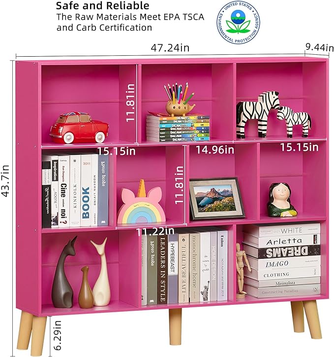 LEYAOYAO 10 Cube Bookshelf,3 Tier Modern Wide Bookcase with Legs,Mid-Century Wood Bookshelves Storage，Pink Large Book Case,Freestanding Organizer Display Shelf for Bedroom,Living Room,Office