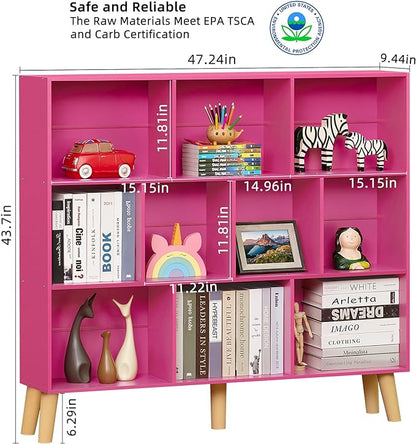 LEYAOYAO 10 Cube Bookshelf,3 Tier Modern Wide Bookcase with Legs,Mid-Century Wood Bookshelves Storage，Pink Large Book Case,Freestanding Organizer Display Shelf for Bedroom,Living Room,Office