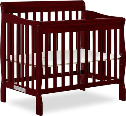 Aden 4-in-1 Convertible Mini Crib In Cherry, Greenguard Gold Certified, Non-Toxic Finish, New Zealand Pinewood, With 3 Mattress Height Settings