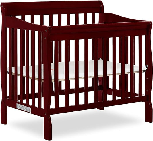 Aden 4-in-1 Convertible Mini Crib In Cherry, Greenguard Gold Certified, Non-Toxic Finish, New Zealand Pinewood, With 3 Mattress Height Settings