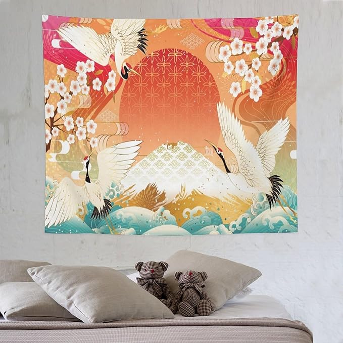 HZOHNAGO Japanese Tapestry Cherry Blossom Crane Sea Wave Fuji Mountain Red Sun Pattern Printed Wall Tapestry Painting Wall Hanging for Bedroom Living Room Dorm 60" W x 50" H