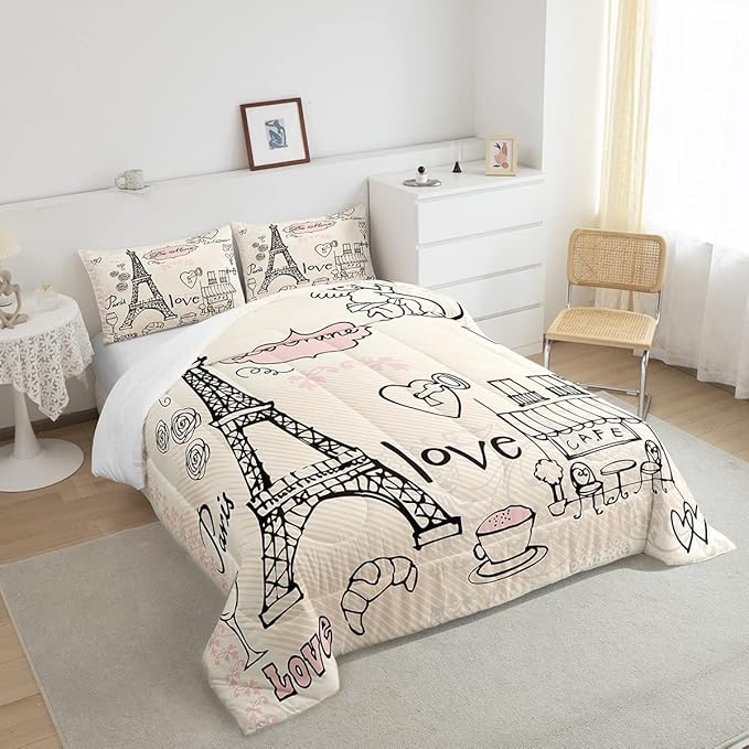 Feelyou Eiffel Tower Comforter Set Paris Tower Comforter for Girls Romantic Rose Chic Paris Bedding Set Paris Cityscape Printed Heart Love Duvet Set Room Decor Quilt King Boys