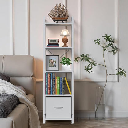 Narrow-Bookshelf-With-Storage-Drawer, 5-Tier Small Standing Book Shelf Organizer For Small Space, Tall Thin Bookcase Shelf For Bedroom Living Room Office, Wooden Shelving Unit Rack For Display