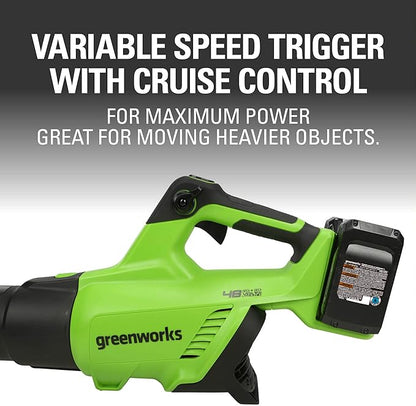 Greenworks 48V (2 x 24V) Cordless Brushless Axial Leaf Blower (140 MPH / 585 CFM / 125+ Compatible Tools), (2) 4.0Ah Batteries and Dual Port Rapid Charger Included