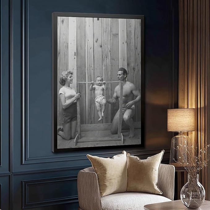 UXCBIA Baby Doing Pull-ups, Bodybuilder Family Black And White Retro Poster Canvas Poster Bedroom Decor Sports Landscape Office Room Decor Gift Black Frame 12x18in(30x45cm)