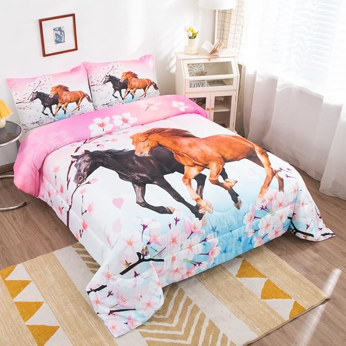 Feelyou Girls Horse Comforter Set Full Size Galloping Horses Bedding Set for Kids Teens Cherry Blossom Comforter 3D Wild Animal Duvet Set Farmhouse Bedroom Decor Quilt Set with 2 Pillow Cases 3Pcs