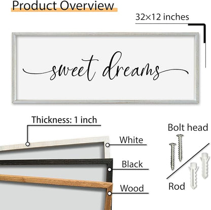 SRSZHIYUE Sweet Dreams Above Bed Wall Decor, 32"x12" Large Rustic Master Bedroom Over Bed Sign Guest Room Couples Wood Framed Farmhouse Horizontal Hanging Decoration (White)