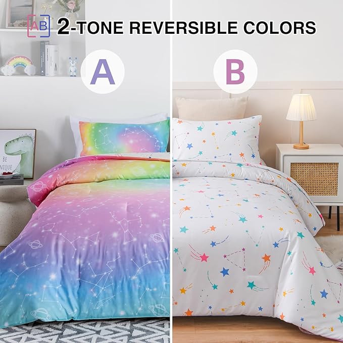 Holawakaka Tie Dye Constellation Print Rainbow Ombre Comforter Set Queen Size Girls Boys Gradient Galaxy Bedding Sets Teens Boho Bed Set(Multi,Queen)