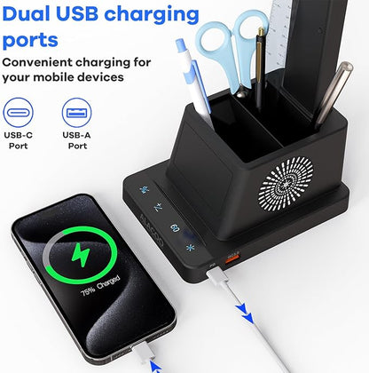 LED Desk Lamp for Home Office with USB A+C Charging Port Touch Control Reading Table Lamp Small Desk Lamp with Pen Phone Holder 3 Color Modes 4 Dimmable RGB Auto Timer 60min for Home, Office, Dorm