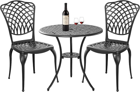 3 Piece Bistro Table Set Anti-Rust Outdoor Bistro Set Cast Alumiunm Patio Table and Chairs Set for 2, Patio Bistro Set Furniture Black