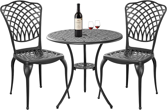 Bronze Patio Bistro Set - 3 Piece Outdoor Cast Aluminum Furniture, Large Table & Chairs, Weather Resistant, Adjustable Foot Pads, Umbrella Hole